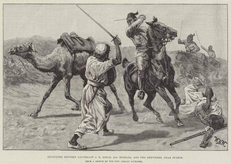 Rencontre entre le lieutenant J R Beech, 21e hussards, et deux derviches, près de Suakin - William Barnes Wollen