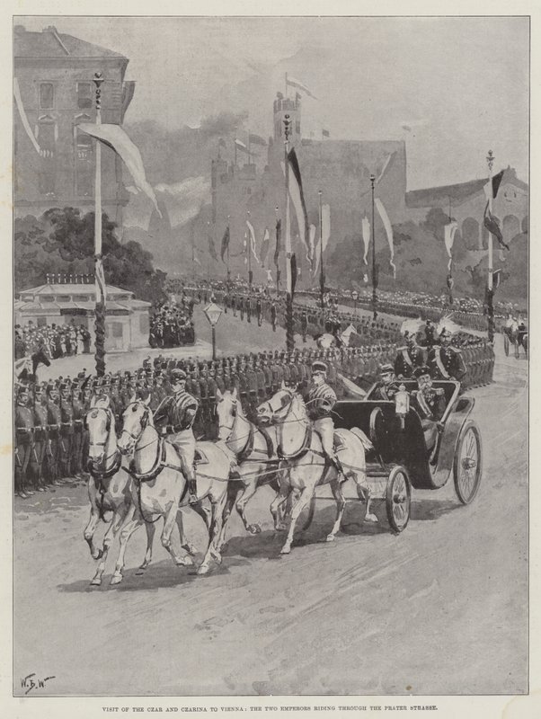 Visite du Tsar et de la Tsarine à Vienne, les deux empereurs traversant la Prater Strasse - William Barnes Wollen
