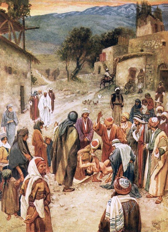 Jésus sur le point de guérir un garçon que ses disciples n