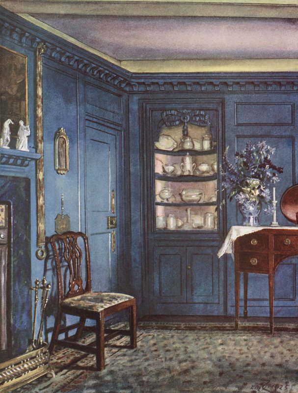 Décoration intérieure : Une salle à manger avec des murs bleus mouchetés - William Bruce Ellis Ranken