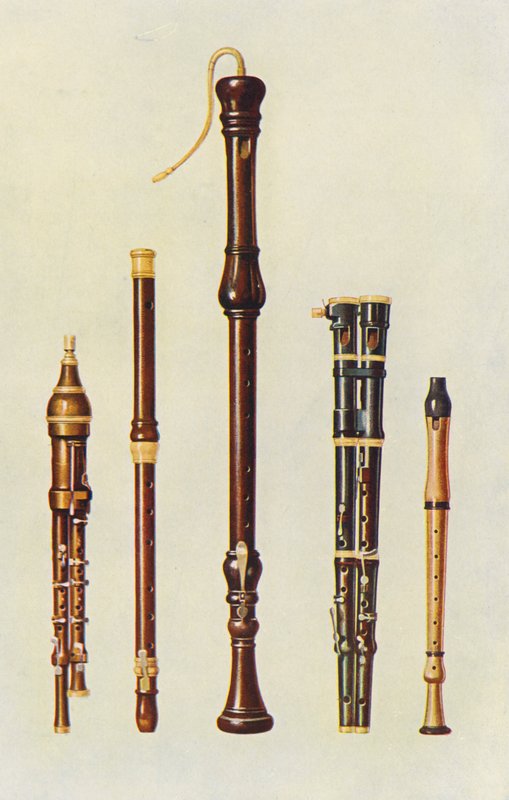 Instruments de musique : Deux flageolets doubles, une flûte allemande et deux flûtes douces (lithographie en couleur) - William Gibb