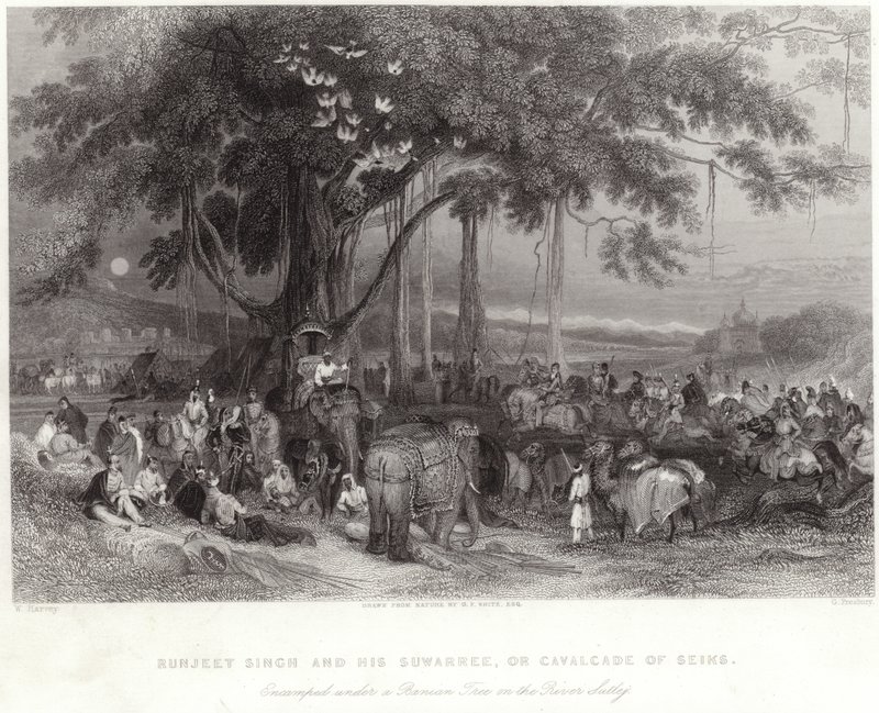 Runjeet Singh et sa suwarree campés sous le banian sur la rivière Sulley - William Harvey