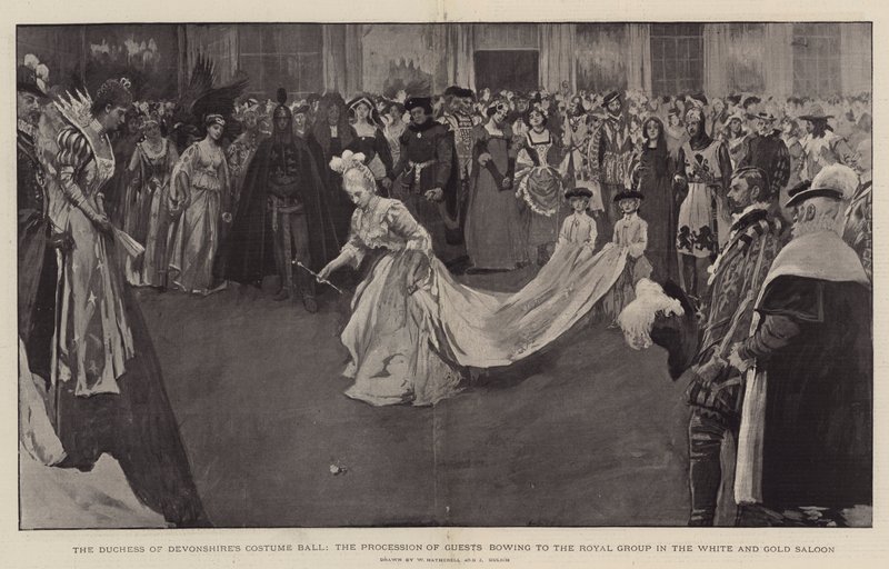 Le bal costumé de la duchesse de Devonshire, la procession des invités saluant le groupe royal dans le salon blanc et or, 1897 - William Hatherell