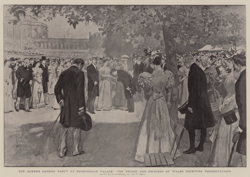 La garden-party de la reine au palais de Buckingham, le prince et la princesse de Galles recevant des présentations - William Hatherell