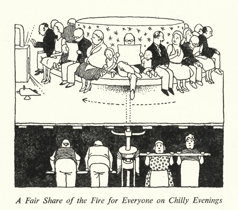 Une part équitable du feu pour tout le monde lors des soirées fraîches - William Heath Robinson