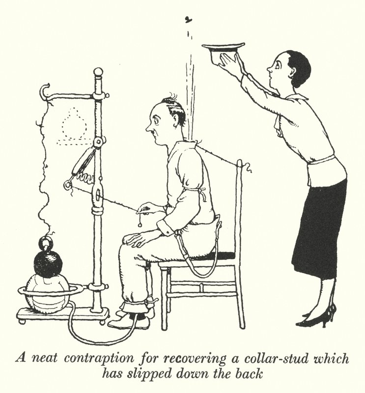 Une astuce pour récupérer un bouton de col tombé dans le dos (lithographie) - William Heath Robinson
