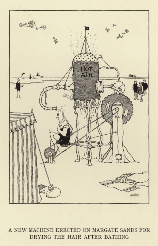 Une nouvelle machine érigée sur les sables de Margate pour sécher les cheveux après le bain - William Heath Robinson