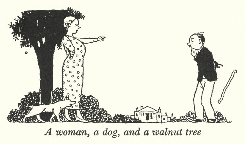 Une femme, un chien et un noyer (lithographie) - William Heath Robinson