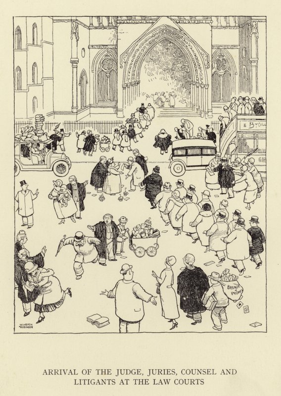 Arrivée du juge, des jurys, des avocats et des plaideurs aux tribunaux - William Heath Robinson