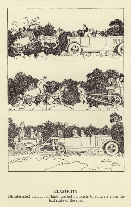 Élasticité, conduite désintéressée de gentils automobilistes envers les victimes du mauvais état de la route - William Heath Robinson