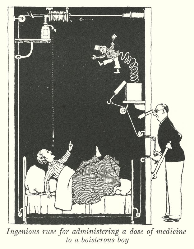 Ruse ingénieuse pour administrer une dose de médicament à un garçon turbulent (lithographie) - William Heath Robinson