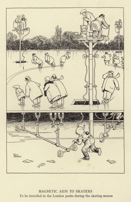 Aides magnétiques pour les patineurs, à installer dans les parcs de Londres pendant la saison de patinage - William Heath Robinson