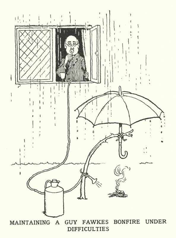 Maintenir un feu de joie de Guy Fawkes dans des conditions difficiles (lithographie) - William Heath Robinson