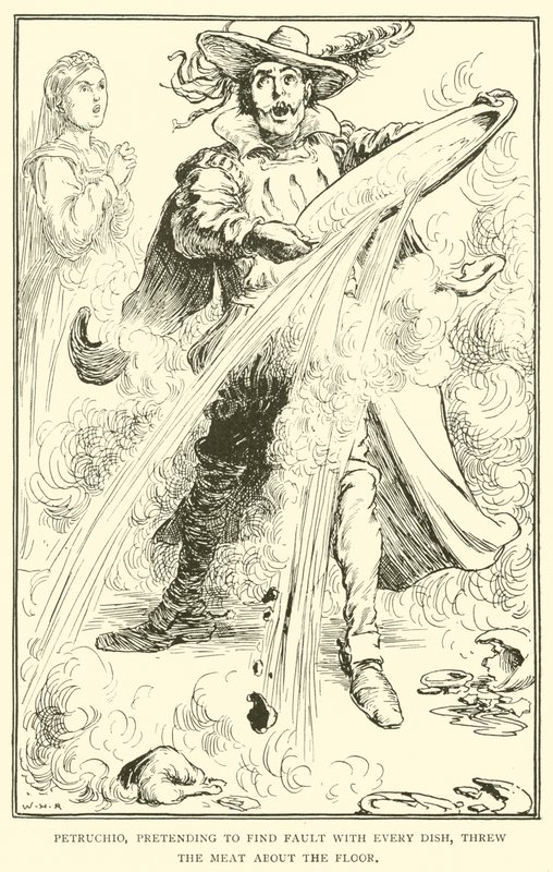 Petruchio, prétendant trouver à redire à chaque plat, jeta la viande par terre - William Heath Robinson