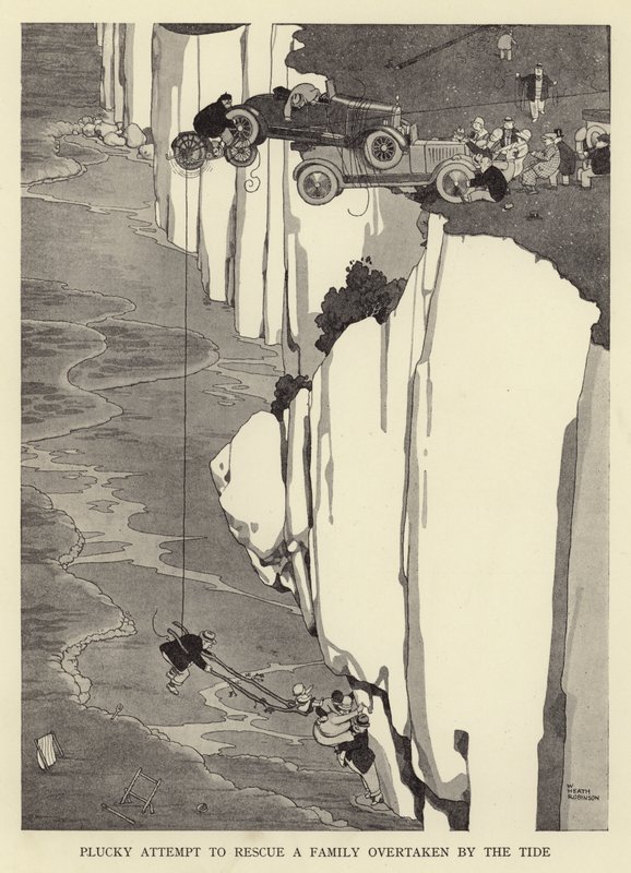 Tentative courageuse de sauver une famille surprise par la marée - William Heath Robinson