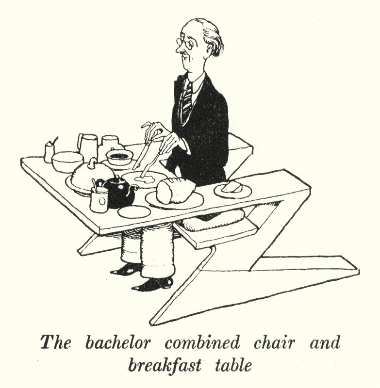La chaise et table de petit-déjeuner combinées du célibataire - William Heath Robinson