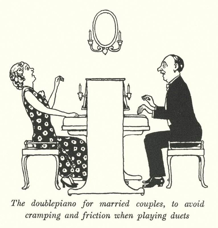 Le double piano pour les couples mariés, pour éviter les crampes et les frictions lors des duos (lithographie) - William Heath Robinson