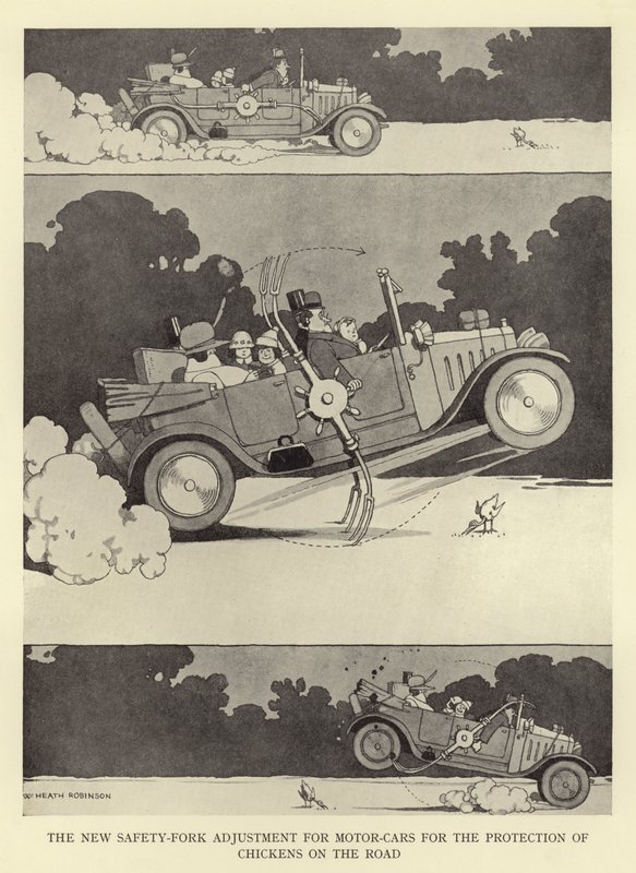 Le nouvel ajustement de la fourche de sécurité pour les voitures pour la protection des poulets sur la route - William Heath Robinson