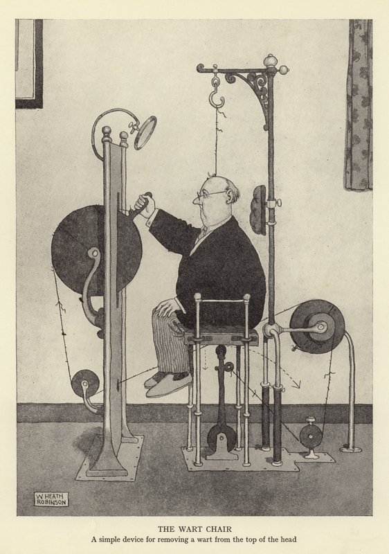 La chaise à verrue, un dispositif simple pour enlever une verrue du sommet de la tête - William Heath Robinson