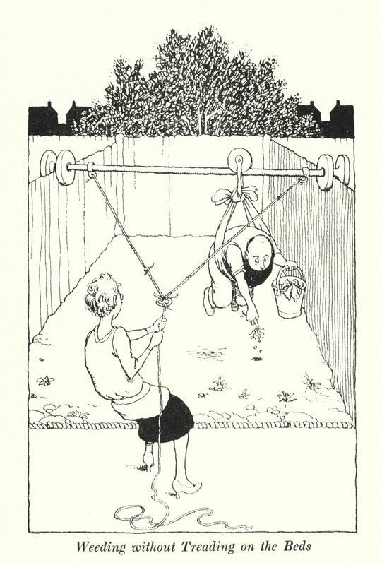 Désherbage sans marcher sur les plates-bandes (lithographie) - William Heath Robinson