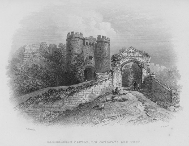 Château de Carisbrooke, Île de Wight, Portails et Donjon - William Henry Bartlett