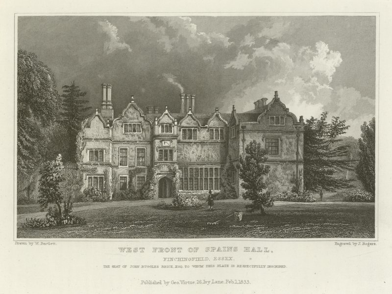 Façade ouest de Spains Hall, Finchingfield, Essex, la résidence de John Ruggles Brice, Esquire - William Henry Bartlett