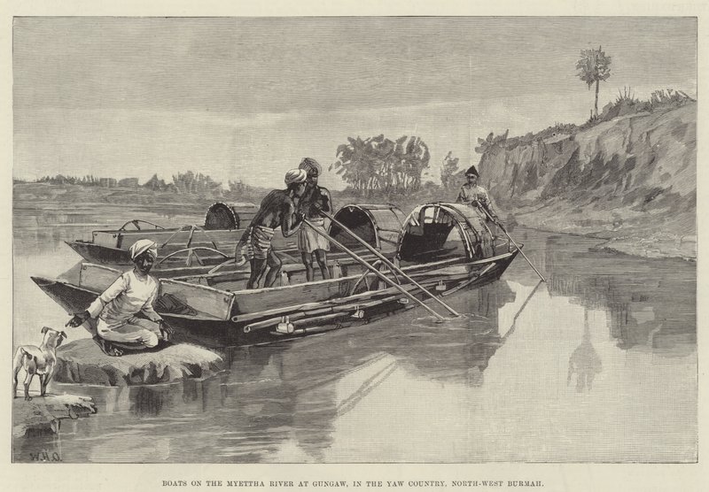Bateaux sur la rivière Myettha à Gungaw, dans le pays de Yaw, nord-ouest de la Birmanie - William Heysham Overend