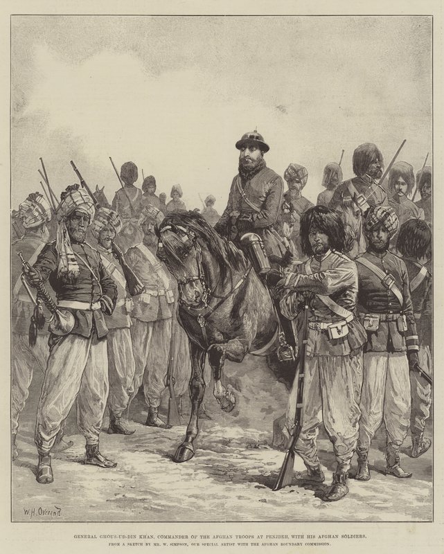 Le général Ghous-ud-din Khan, commandant des troupes afghanes à Penjdeh, avec ses soldats afghans - William Heysham Overend