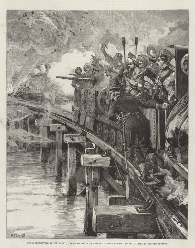 Manœuvres navales à Portsmouth, train blindé se retirant sur un pont et déclenchant une mine pour couper la poursuite - William Heysham Overend