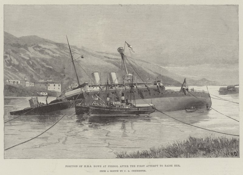 Position du HMS Howe à Ferrol après la première tentative de le relever - William Heysham Overend