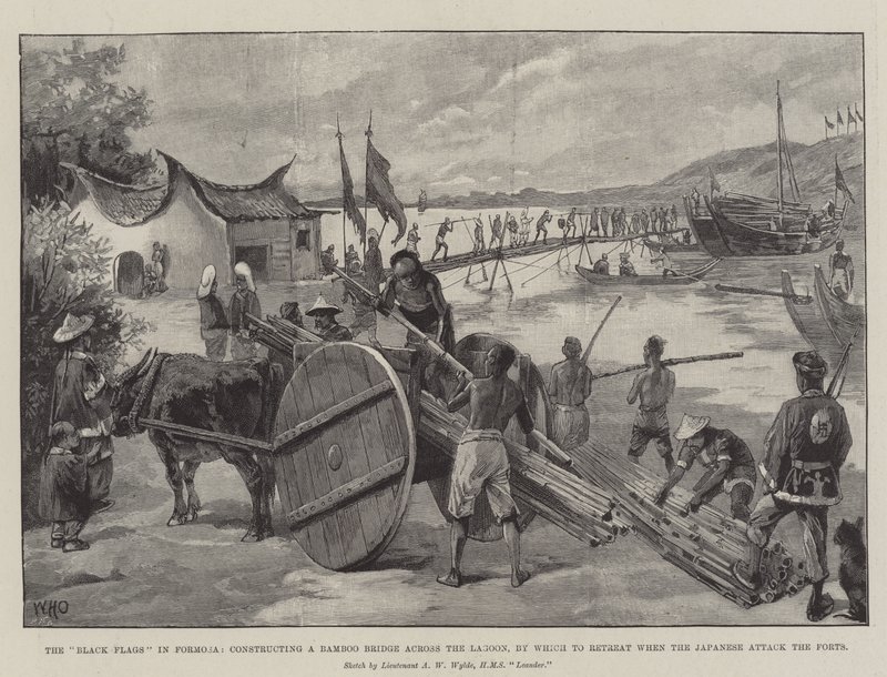 Les Drapeaux Noirs à Formose, construisant un pont en bambou à travers le lagon pour se retirer lors de l