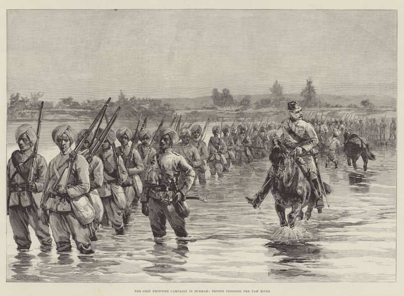 La campagne de la frontière chinoise en Birmanie, les troupes traversant la rivière Yaw - William Heysham Overend