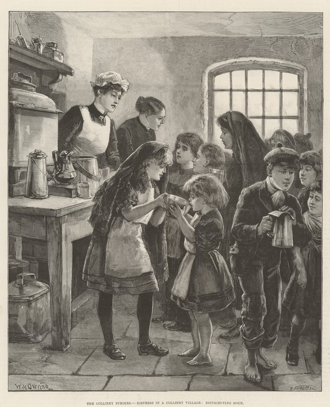 Les grèves des mines, détresse dans un village minier, distribution de soupe - William Heysham Overend