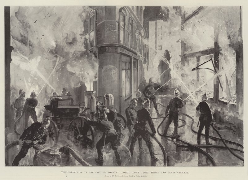 Le grand incendie dans la ville de Londres, vue sur Jewin Street et Jewin Crescent - William Heysham Overend