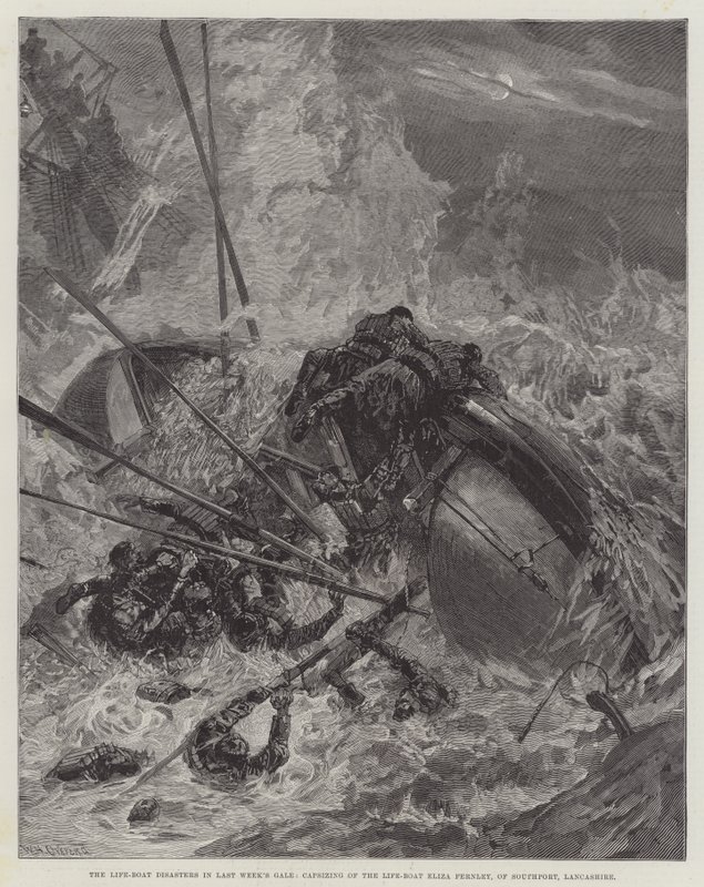 Les désastres du canot de sauvetage lors de la tempête de la semaine dernière, chavirement du canot de sauvetage Eliza Fernley, de Southport, Lancashire - William Heysham Overend