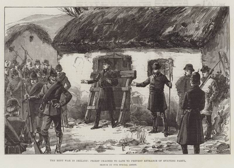 La guerre des loyers en Irlande, prêtre enchaîné à la porte pour empêcher l
