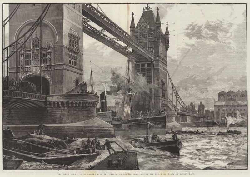 Le Tower Bridge, à ériger sur la Tamise, pierre de fondation posée par le Prince de Galles lundi dernier - William Heysham Overend