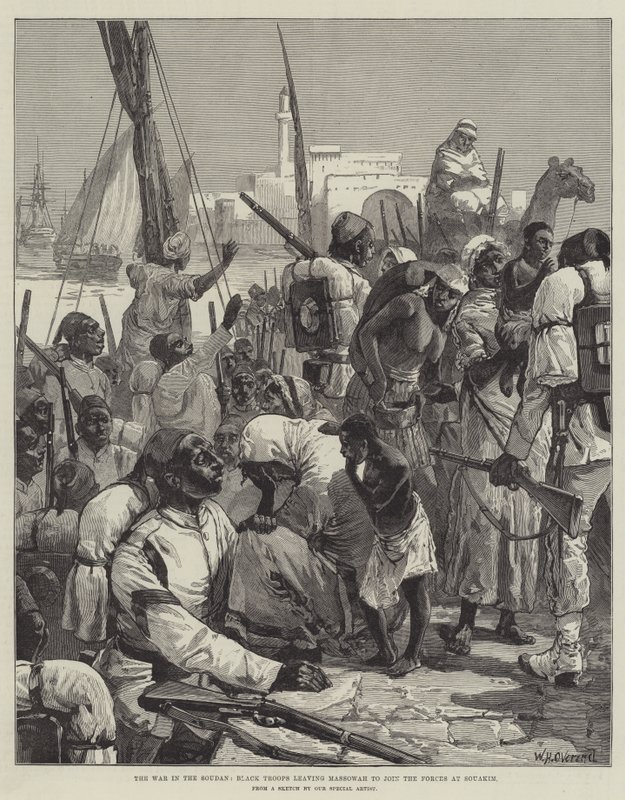 La guerre au Soudan, troupes noires quittant Massowah pour rejoindre les forces à Souakim - William Heysham Overend