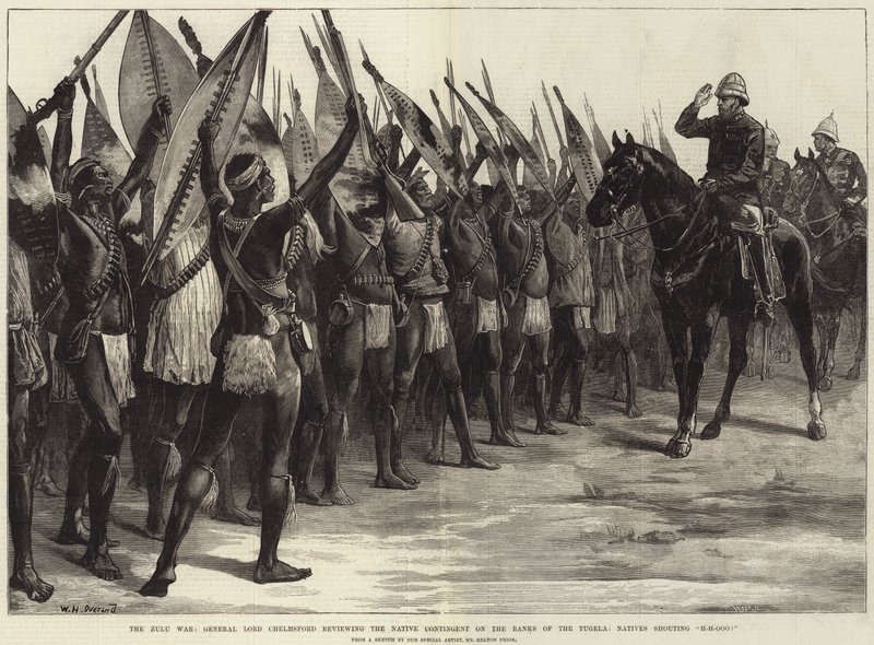 La guerre zouloue, le général Lord Chelmsford passant en revue le contingent indigène sur les rives de la Tugela, les indigènes criant H-H-Ooo! - William Heysham Overend