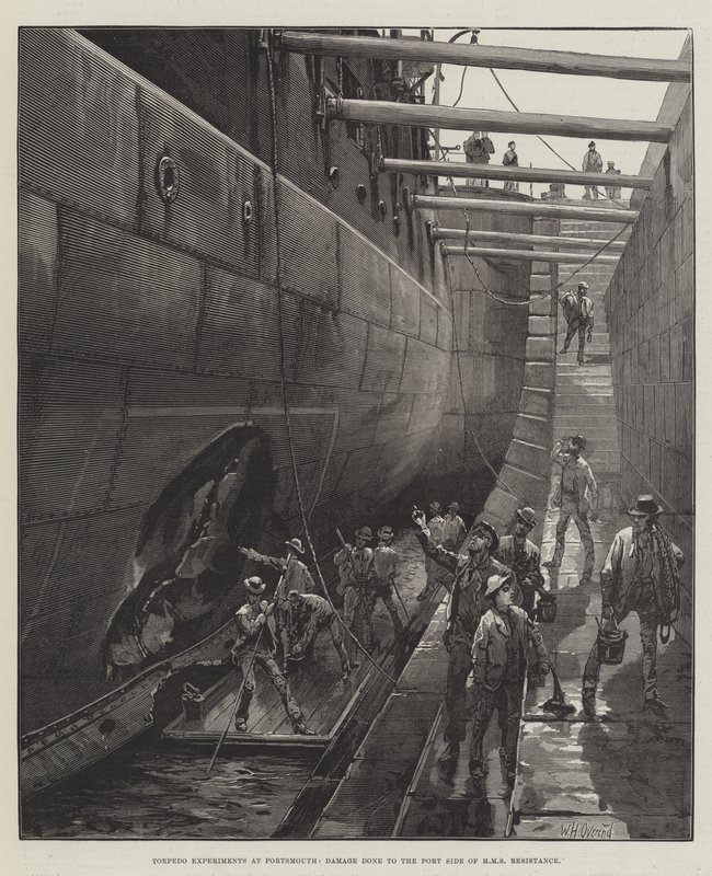 Expériences de torpilles à Portsmouth, dommages causés au côté bâbord du HMS Resistance - William Heysham Overend