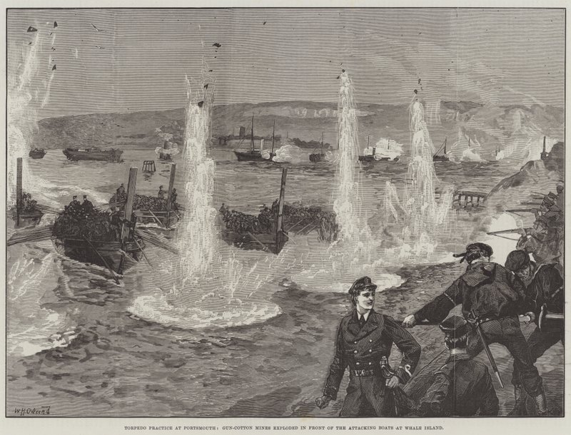 Exercice de torpille à Portsmouth, mines de coton-poudre explosées devant les bateaux attaquants à Whale Island - William Heysham Overend