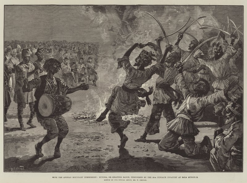 Avec la commission de la frontière afghane, Bungra, ou danse Khattuk, exécutée par le 20e infanterie du Punjab à Bala Murghab - William Heysham Overend