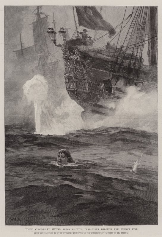 Le jeune Cloudesley Shovell nageant avec des dépêches à travers le feu ennemi - William Heysham Overend