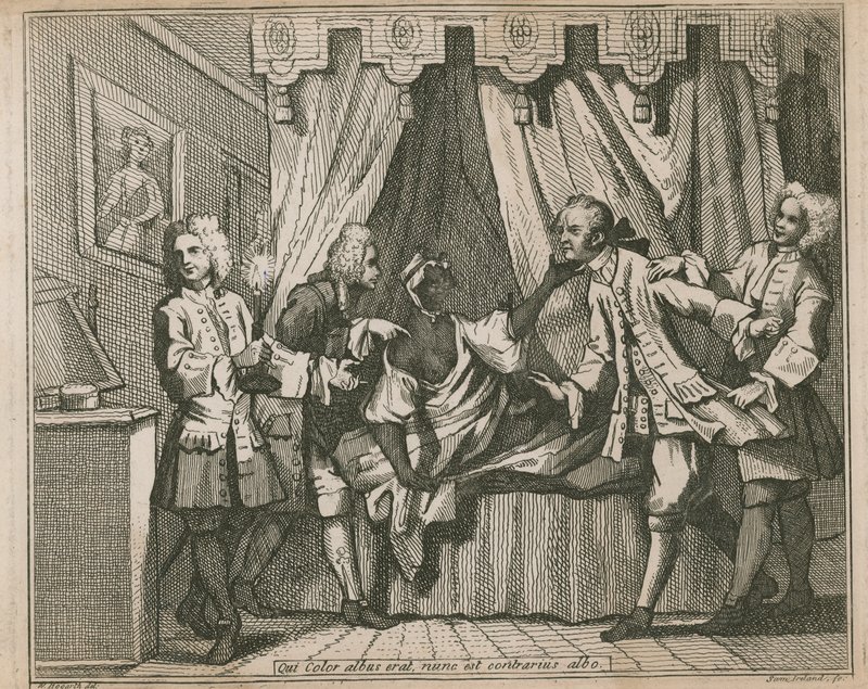 Qui color albus nunc erat, est contrarius albo; Quatre hommes confrontent une femme noire dans sa chambre - William Hogarth