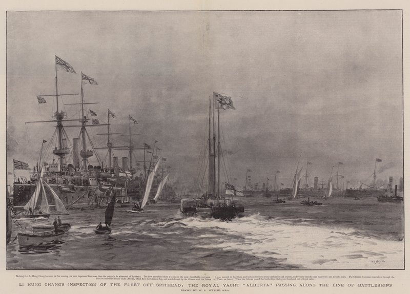 Inspection de la flotte par Li Hung Chang au large de Spithead, le yacht royal Alberta passant le long de la ligne de navires de guerre - William Lionel Wyllie