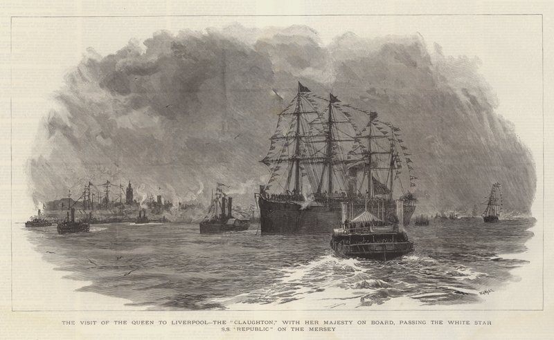 La visite de la reine à Liverpool, le Claughton, avec Sa Majesté à bord, passant devant le White Star SS Republic sur la Mersey - William Lionel Wyllie