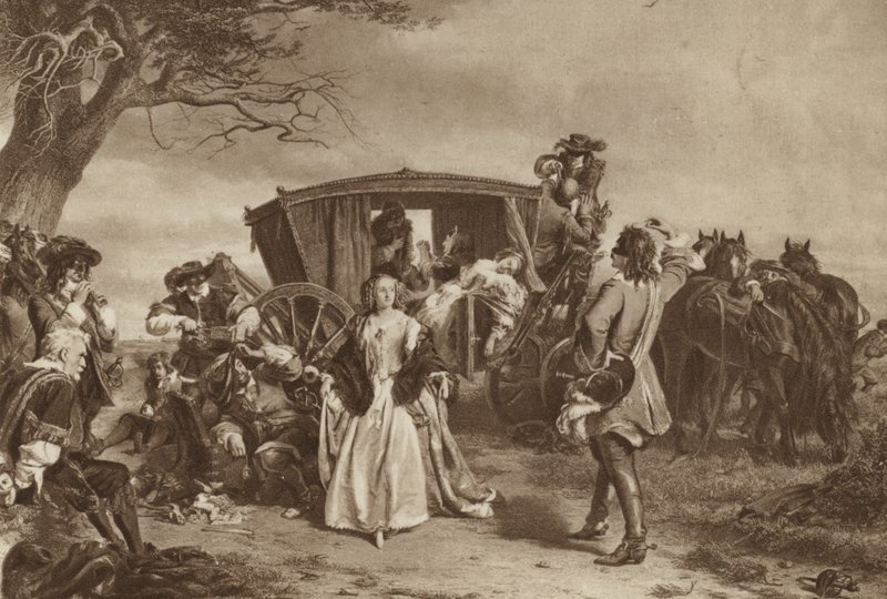 Famille arrêtée par le bandit de grand chemin français Claude Duval - William Powell (after) Frith