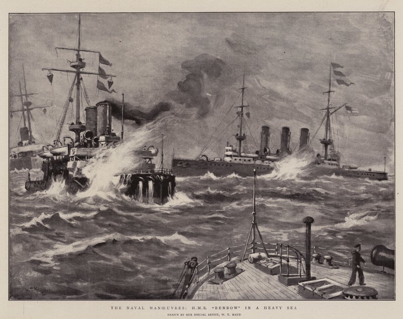 Les manœuvres navales, H M S Benbow dans une mer agitée - William T. Maud