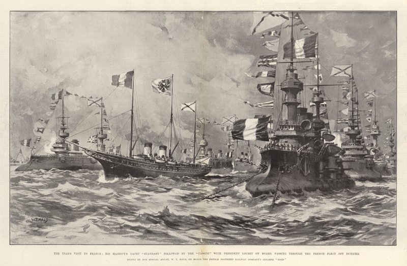 La visite du tsar en France, le yacht de Sa Majesté Standart suivi du Cassini avec le président Loubet à bord, passant à travers la flotte française au large de Dunkerque - William T. Maud