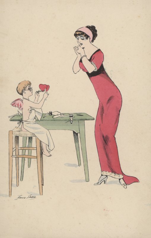 Fille attendant que deux cœurs soient réunis par Cupidon - Xavier Sager
